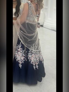 Navy Floral Embroidered Lehenga with Sheer Dupatta